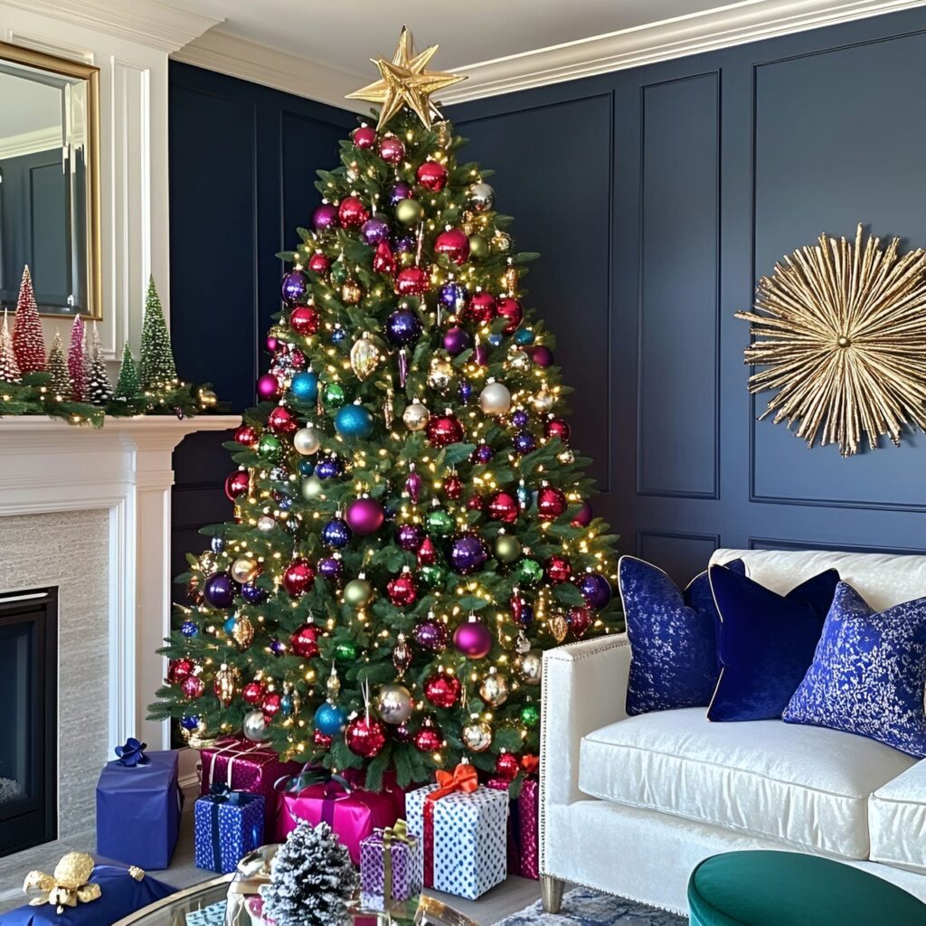 11. Jewel-Toned Multi-Colored Tree with Rich Ornament Colors