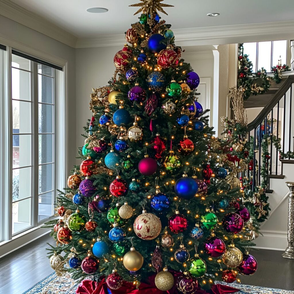 11. Jewel-Toned Multi-Colored Tree with Rich Ornament Colors