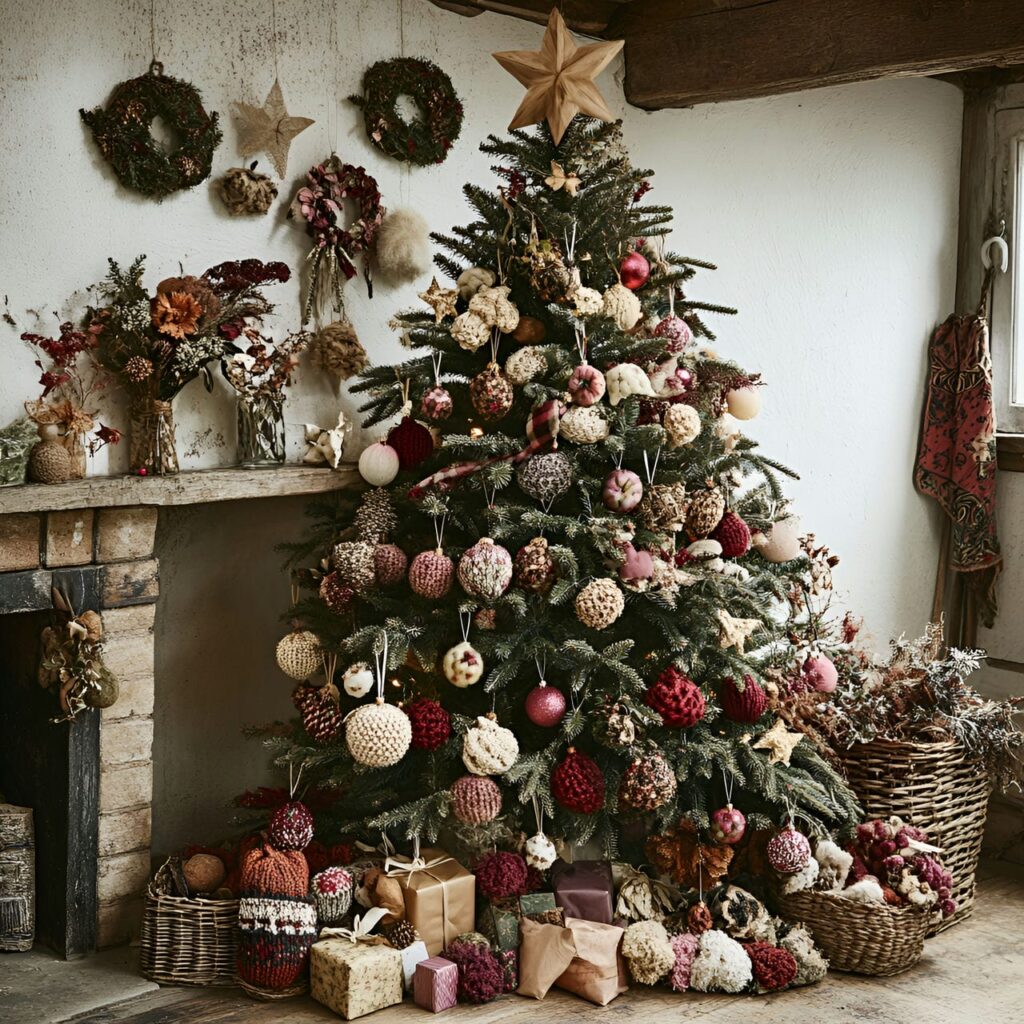 15. Knitted Cozy Tree with Knitted Ornaments and Felt Stars