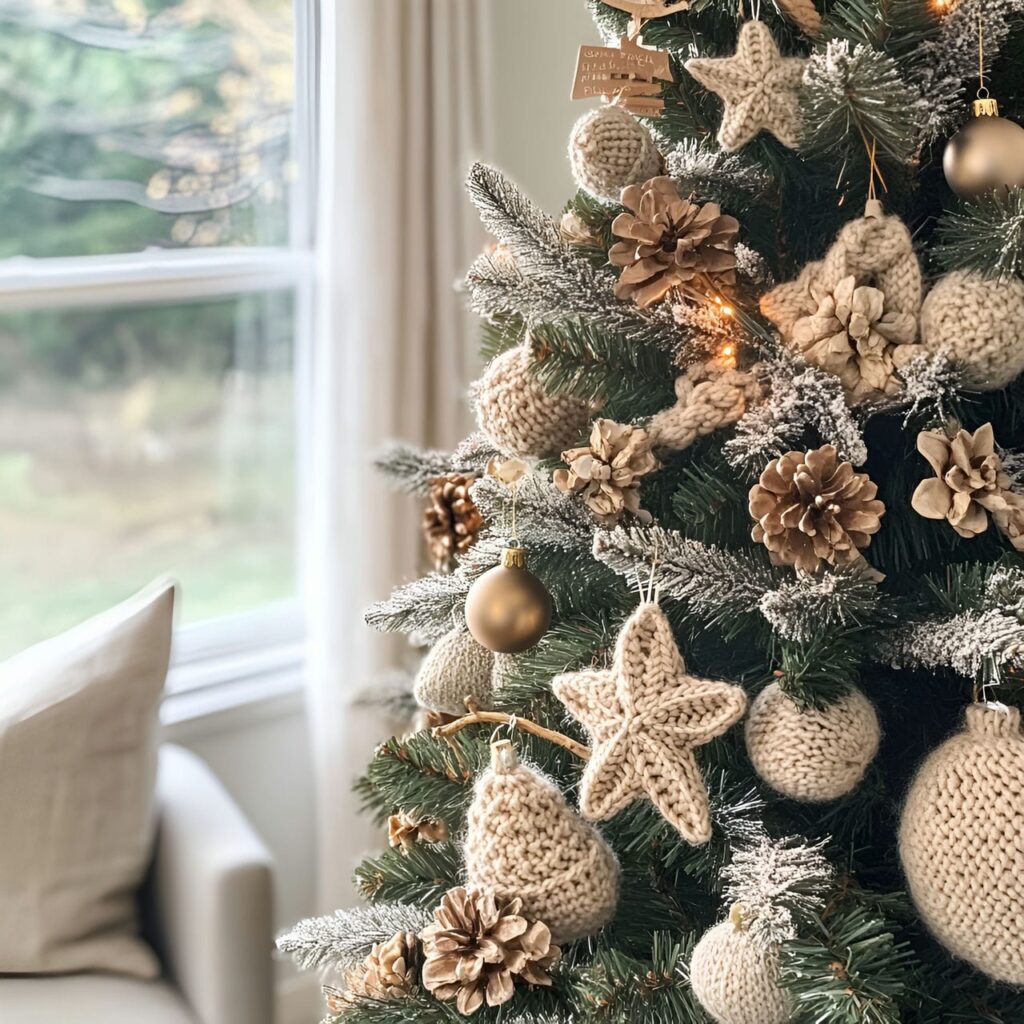 15. Knitted Cozy Tree with Knitted Ornaments and Felt Stars