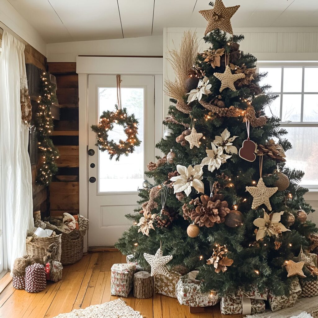 15. Knitted Cozy Tree with Knitted Ornaments and Felt Stars