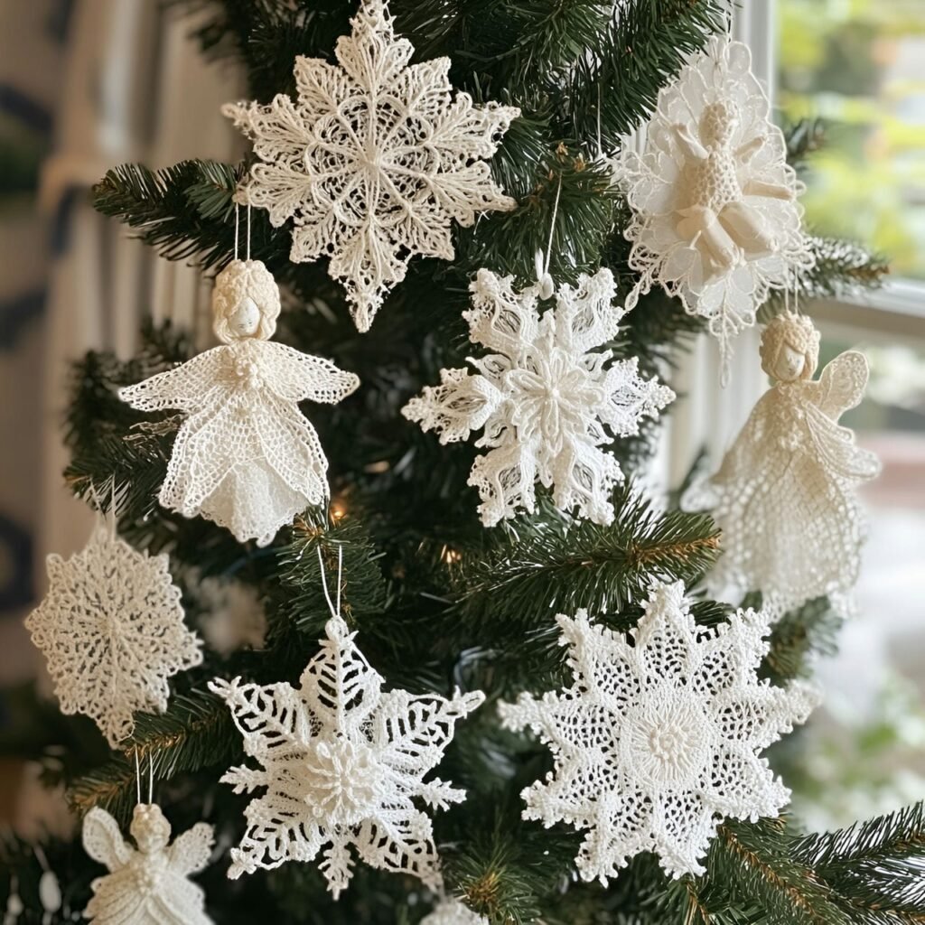 27. Lace Ornament Christmas Tree with Vintage Snowflakes