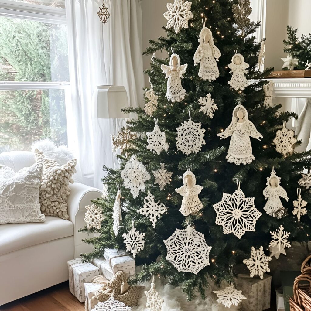 27. Lace Ornament Christmas Tree with Vintage Snowflakes