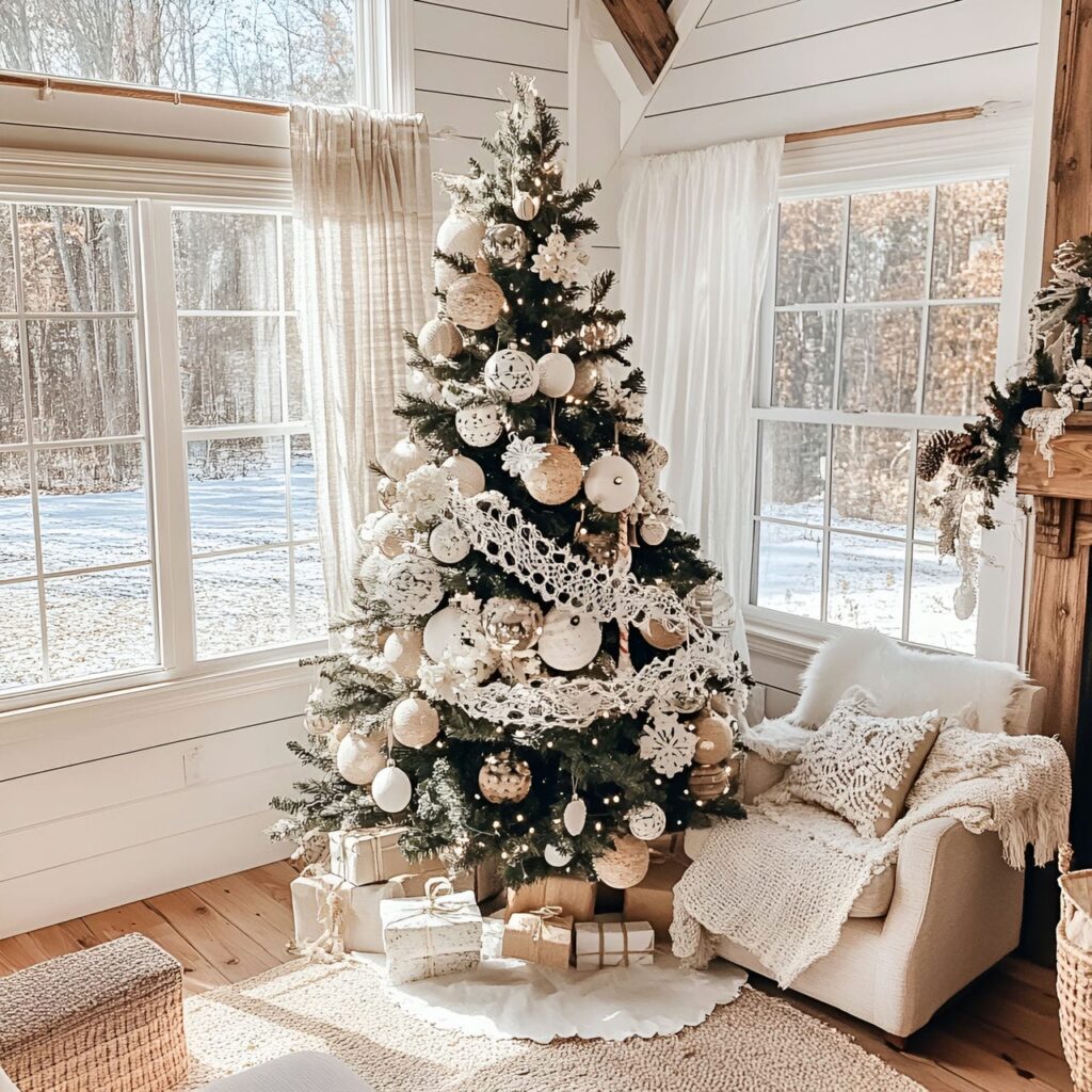 13. Lace and Burlap Tree with Lace Ornaments and Wooden Baubles