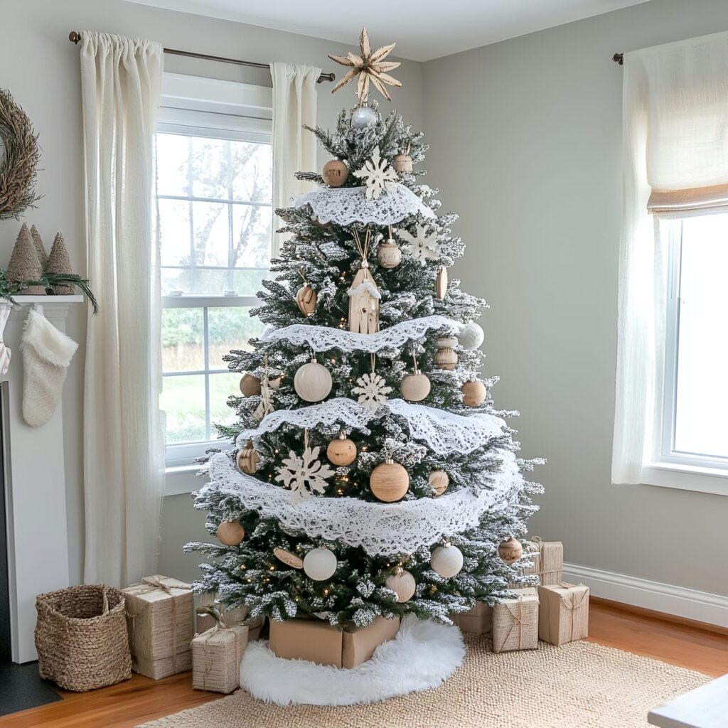 13. Lace and Burlap Tree with Lace Ornaments and Wooden Baubles