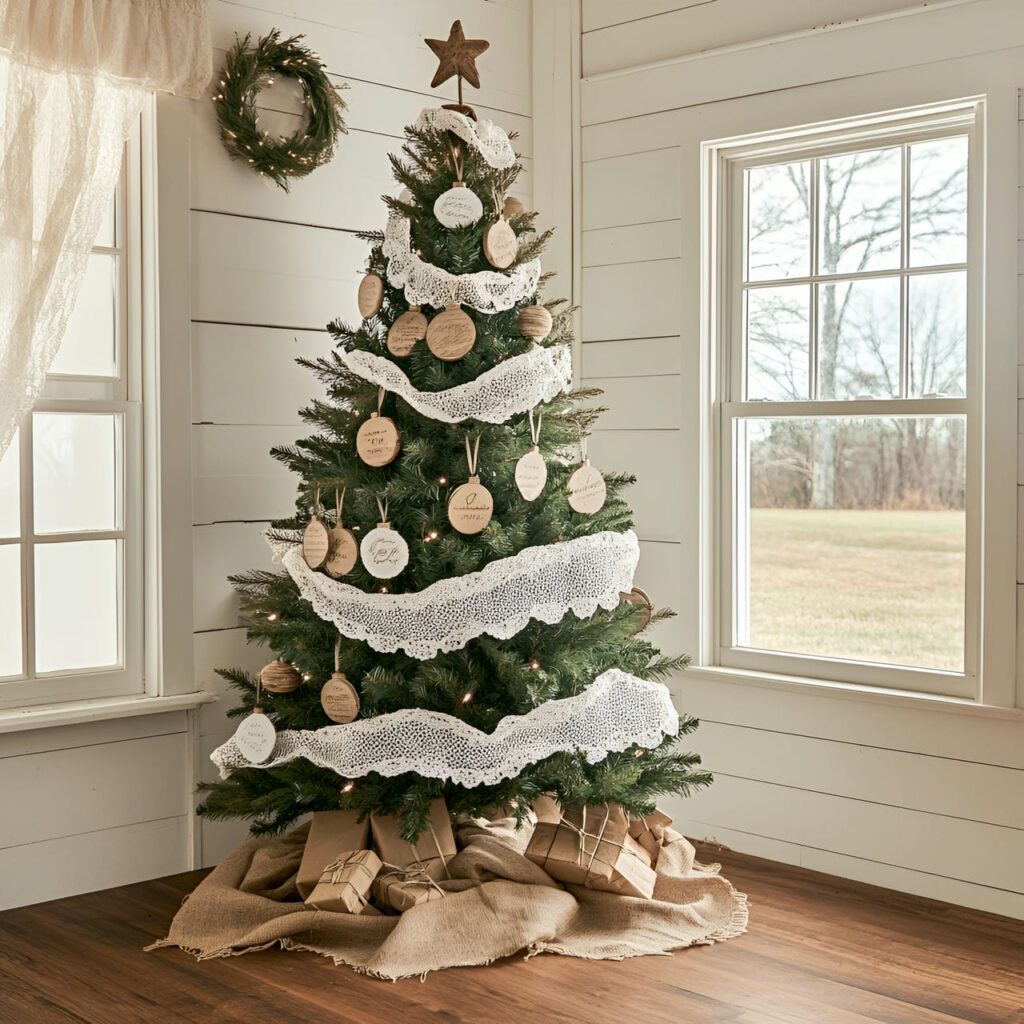 13. Lace and Burlap Tree with Lace Ornaments and Wooden Baubles