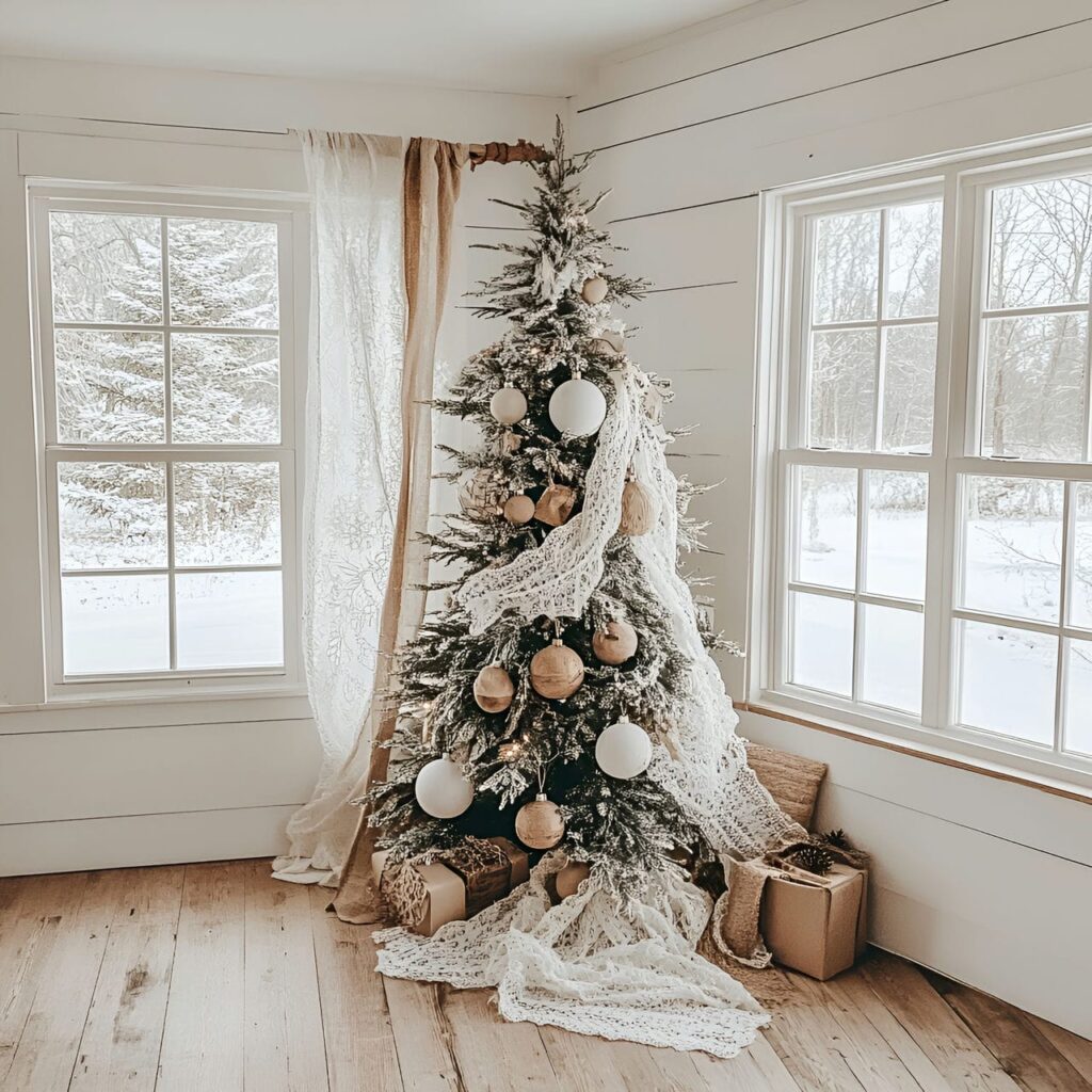 13. Lace and Burlap Tree with Lace Ornaments and Wooden Baubles