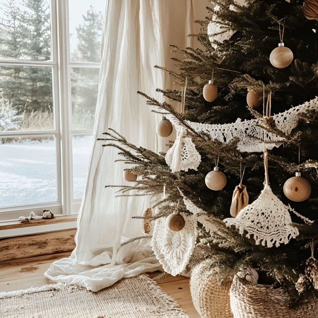 13. Lace and Burlap Tree with Lace Ornaments and Wooden Baubles