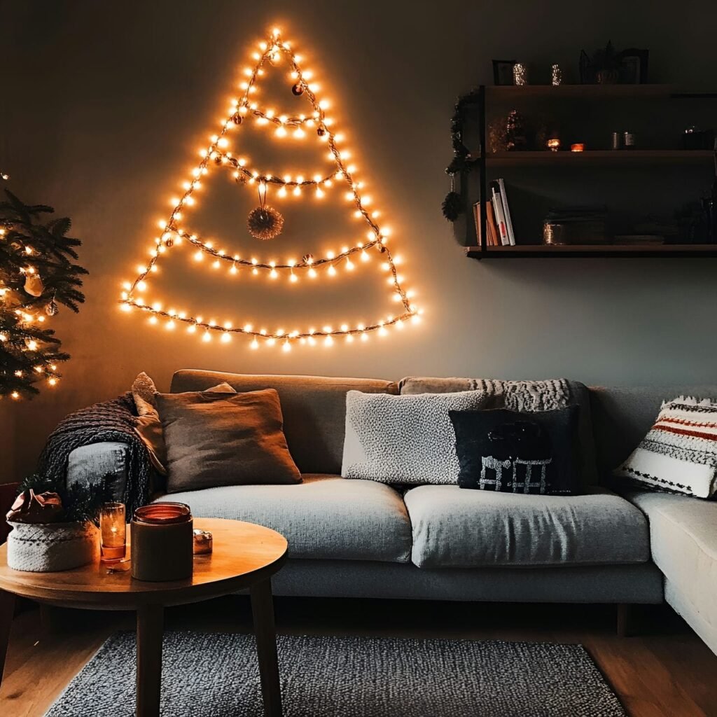 12. Light Garland Tree on the Wall with a Soft Holiday Glow