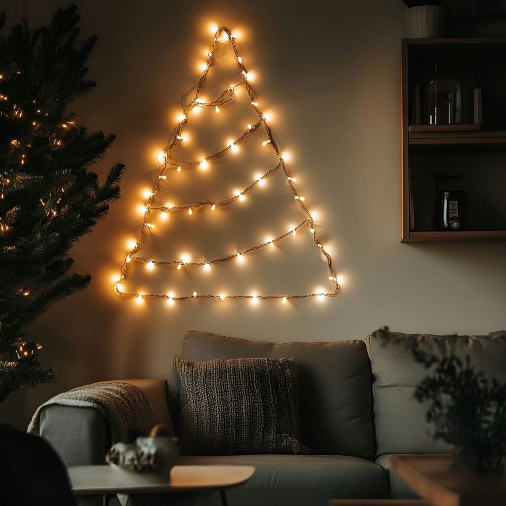 12. Light Garland Tree on the Wall with a Soft Holiday Glow