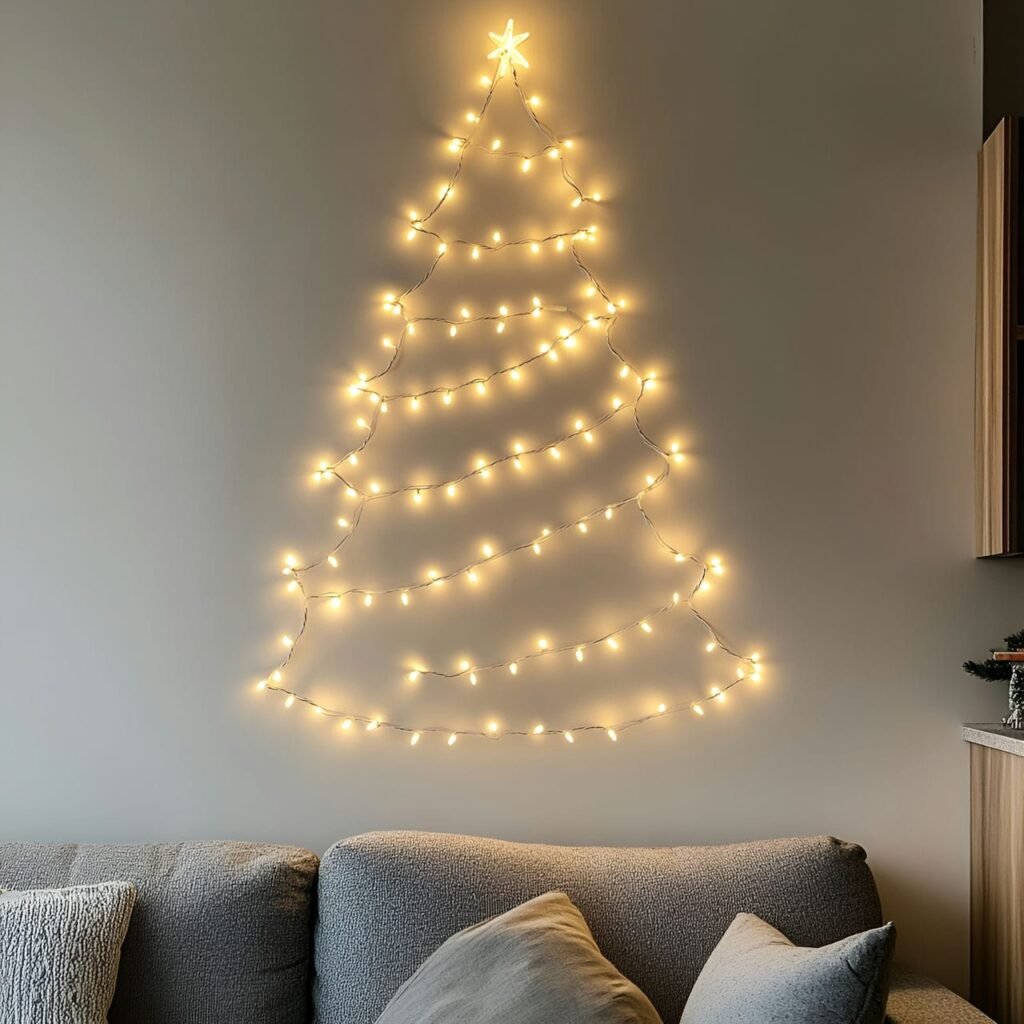 12. Light Garland Tree on the Wall with a Soft Holiday Glow