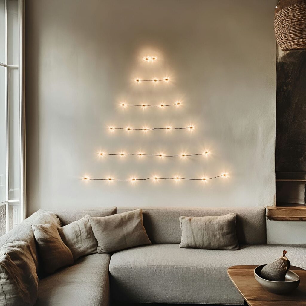 12. Light Garland Tree on the Wall with a Soft Holiday Glow