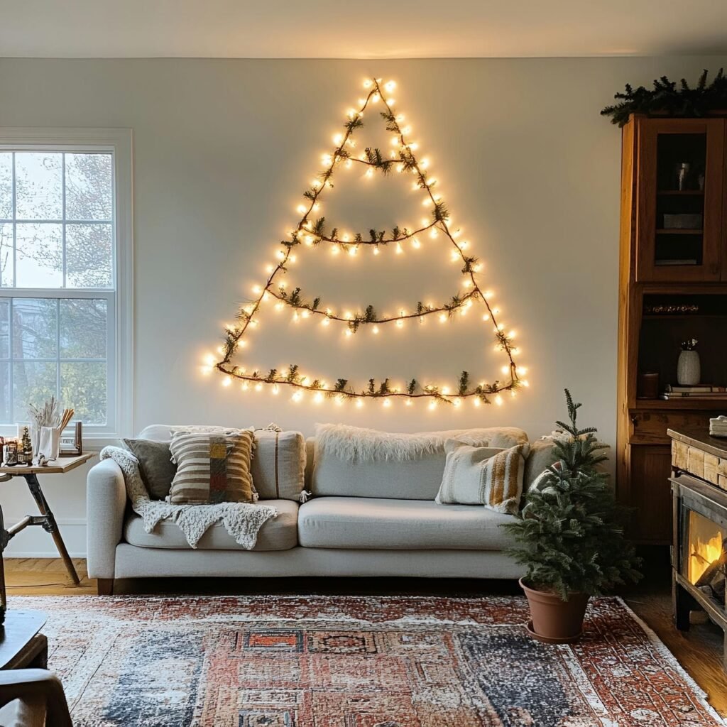 12. Light Garland Tree on the Wall with a Soft Holiday Glow