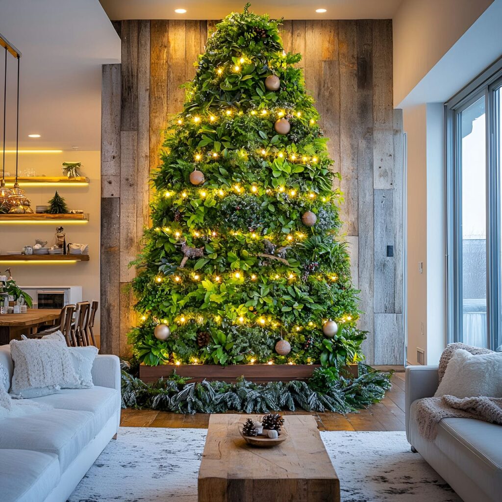 15. Living Wall Christmas Tree with Wooden Ornament Details