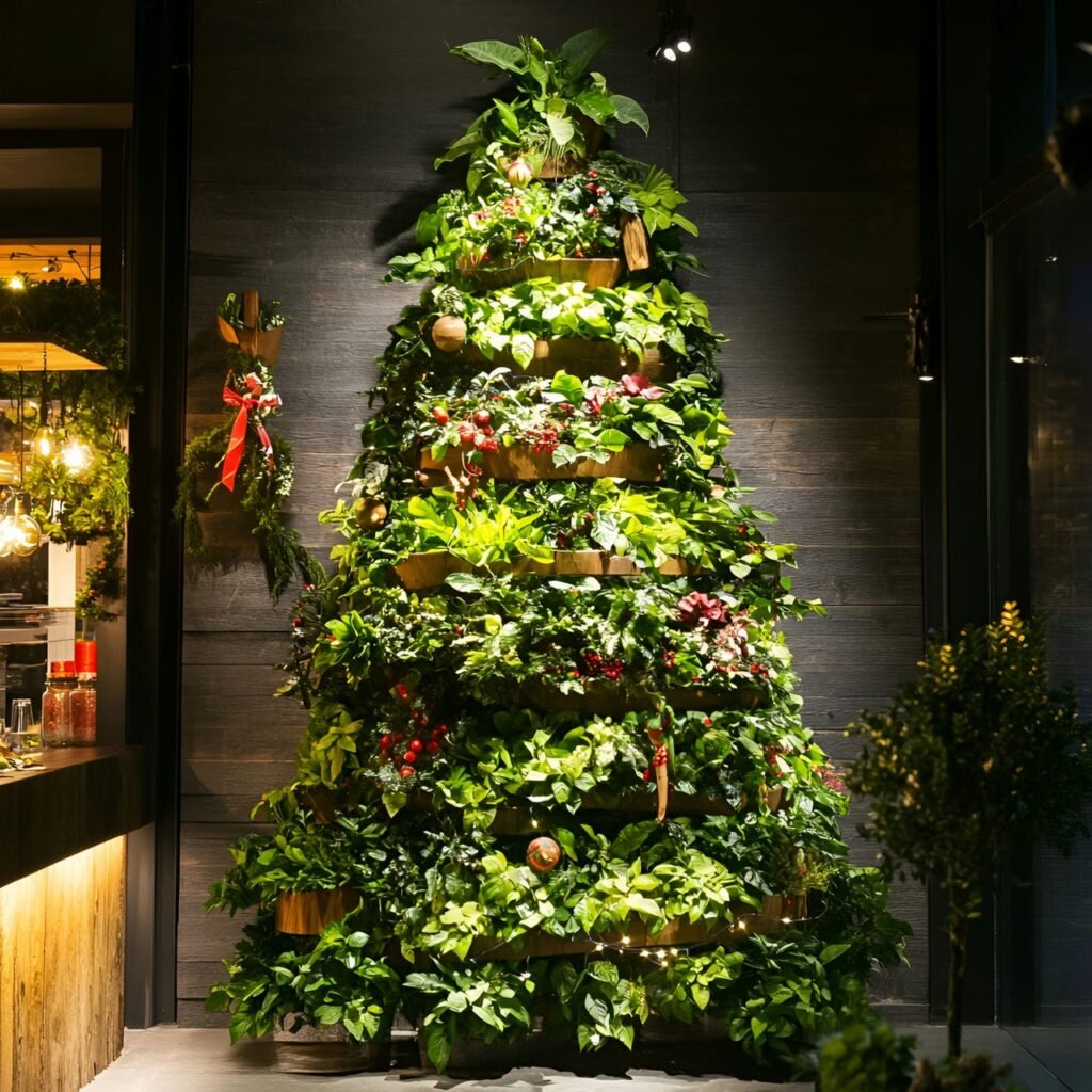 15. Living Wall Christmas Tree with Wooden Ornament Details