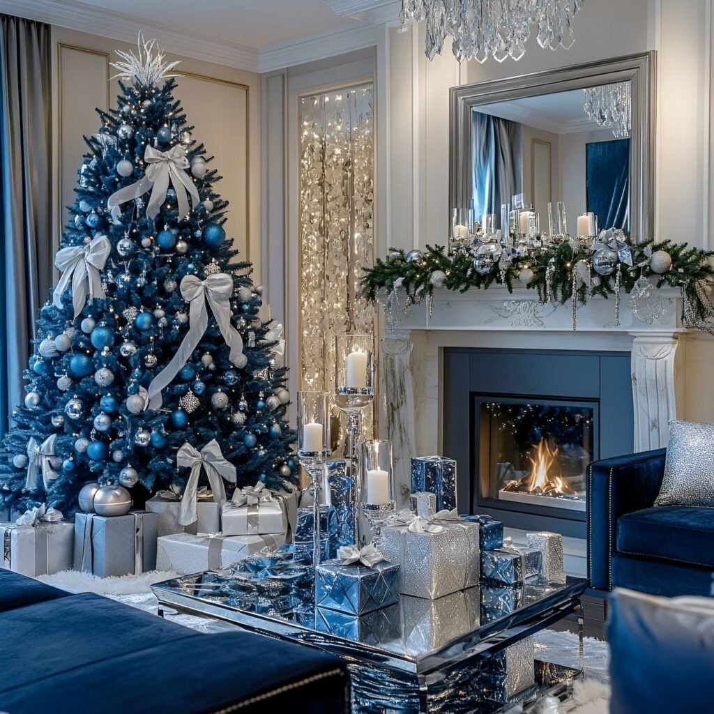 03. Luxurious Blue Christmas Living Room with Crystal and Satin Details