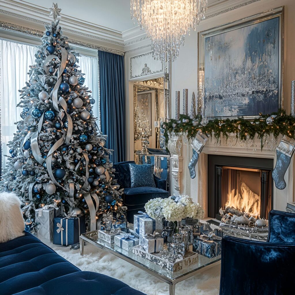 03. Luxurious Blue Christmas Living Room with Crystal and Satin Details