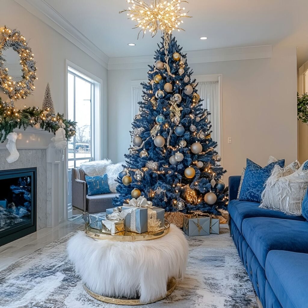 03. Luxurious Blue Christmas Living Room with Crystal and Satin Details