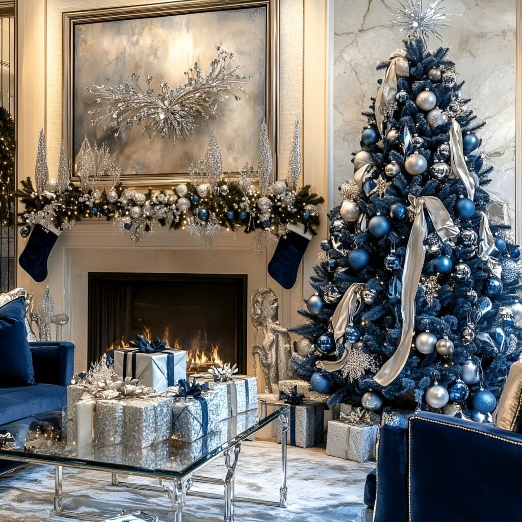 03. Luxurious Blue Christmas Living Room with Crystal and Satin Details