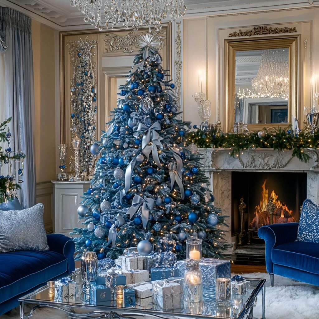 03. Luxurious Blue Christmas Living Room with Crystal and Satin Details