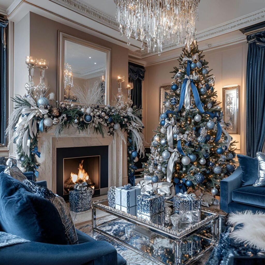 03. Luxurious Blue Christmas Living Room with Crystal and Satin Details