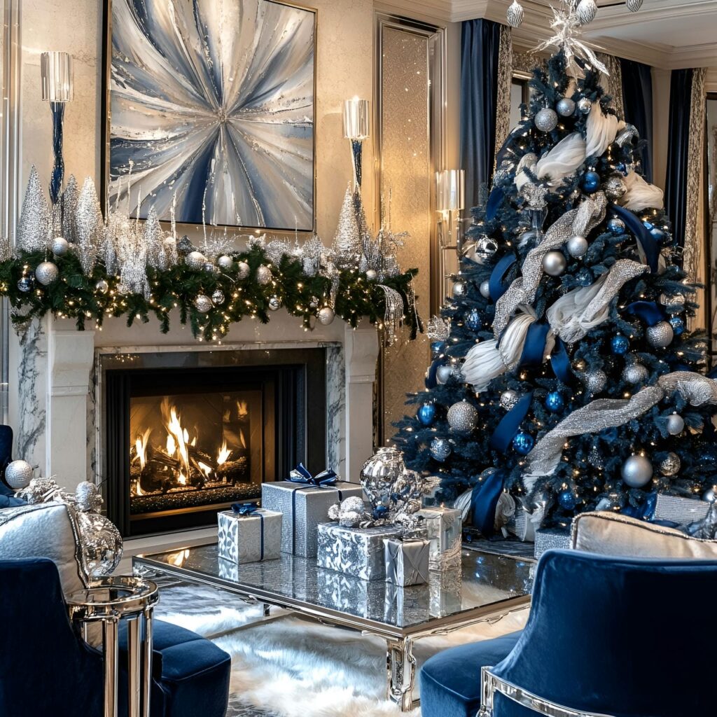 03. Luxurious Blue Christmas Living Room with Crystal and Satin Details