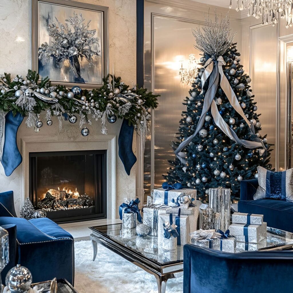 03. Luxurious Blue Christmas Living Room with Crystal and Satin Details