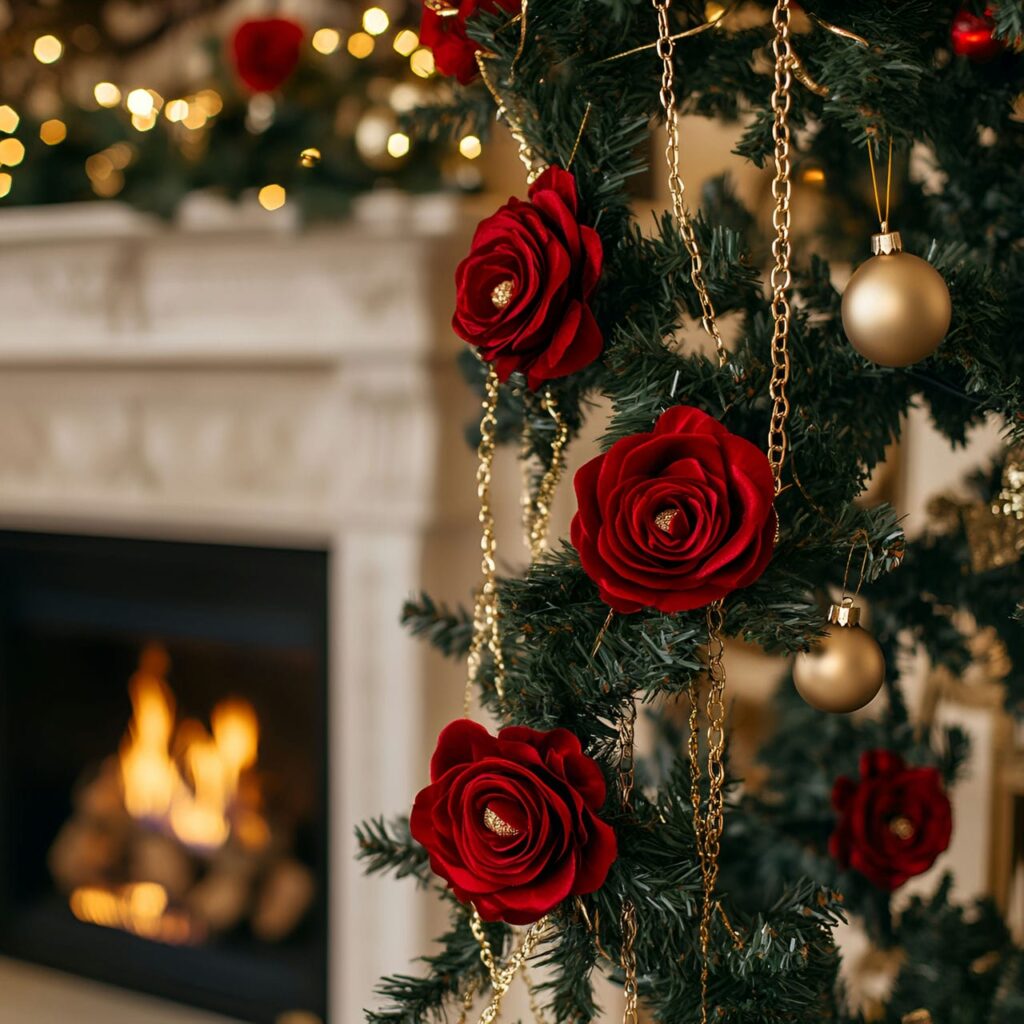 20. Luxurious Rose and Gold Chain Christmas Tree with Red Roses