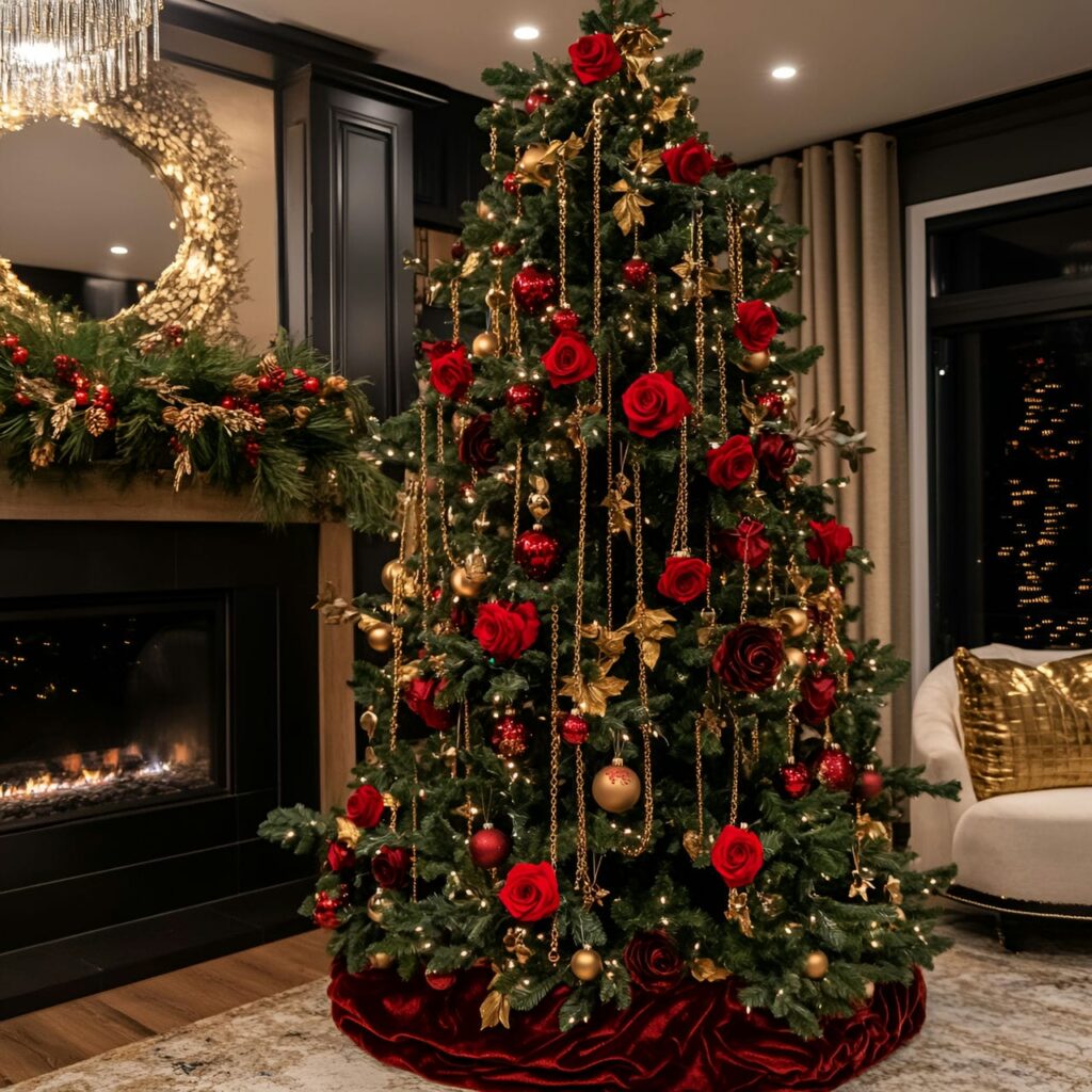 20. Luxurious Rose and Gold Chain Christmas Tree with Red Roses