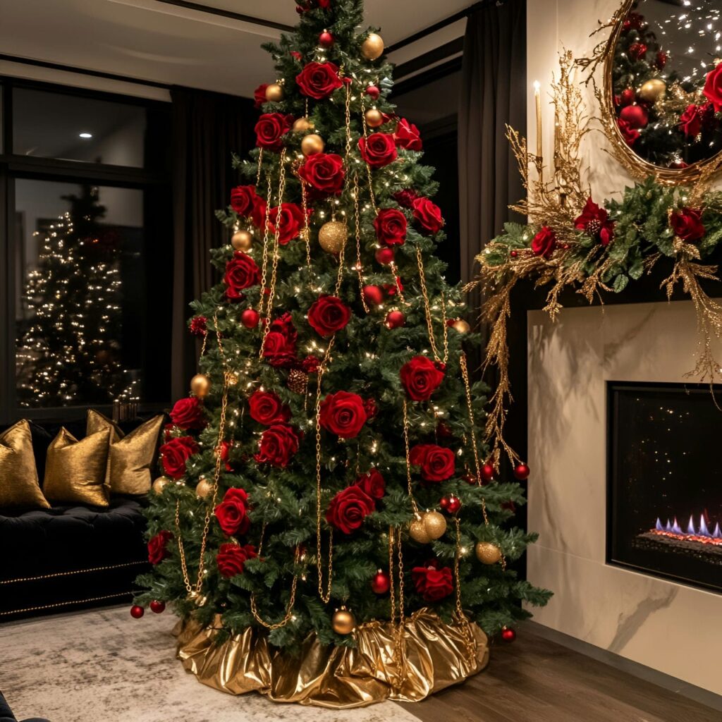 20. Luxurious Rose and Gold Chain Christmas Tree with Red Roses