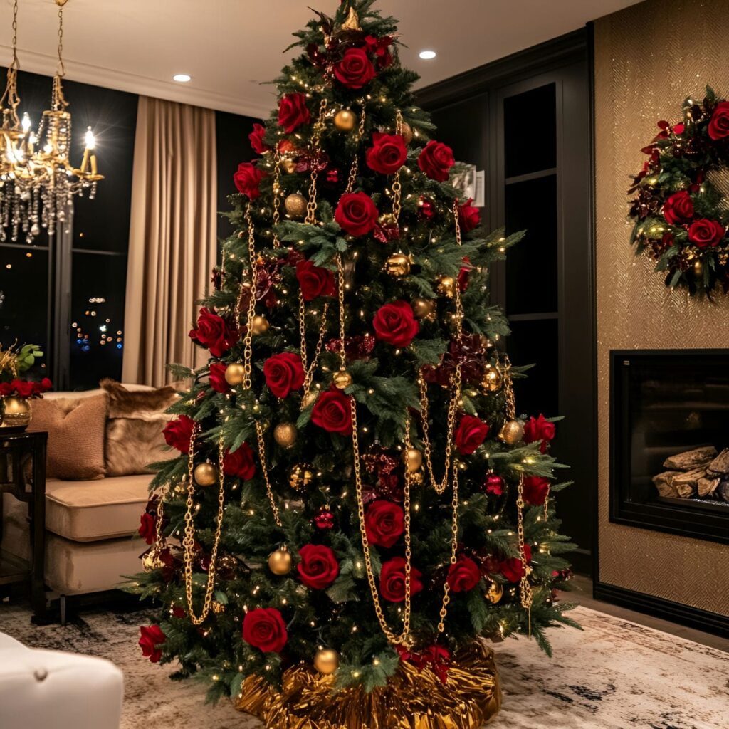 20. Luxurious Rose and Gold Chain Christmas Tree with Red Roses