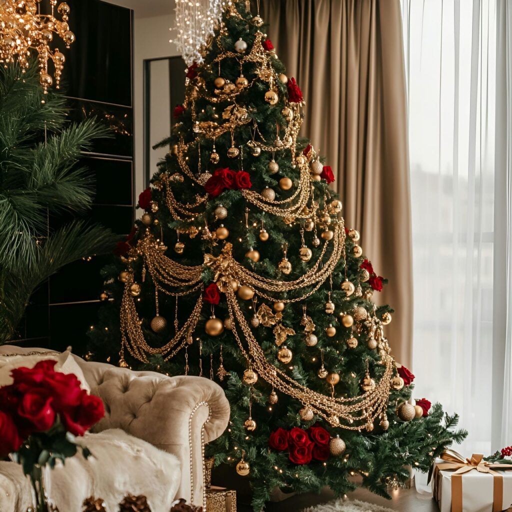 20. Luxurious Rose and Gold Chain Christmas Tree with Red Roses