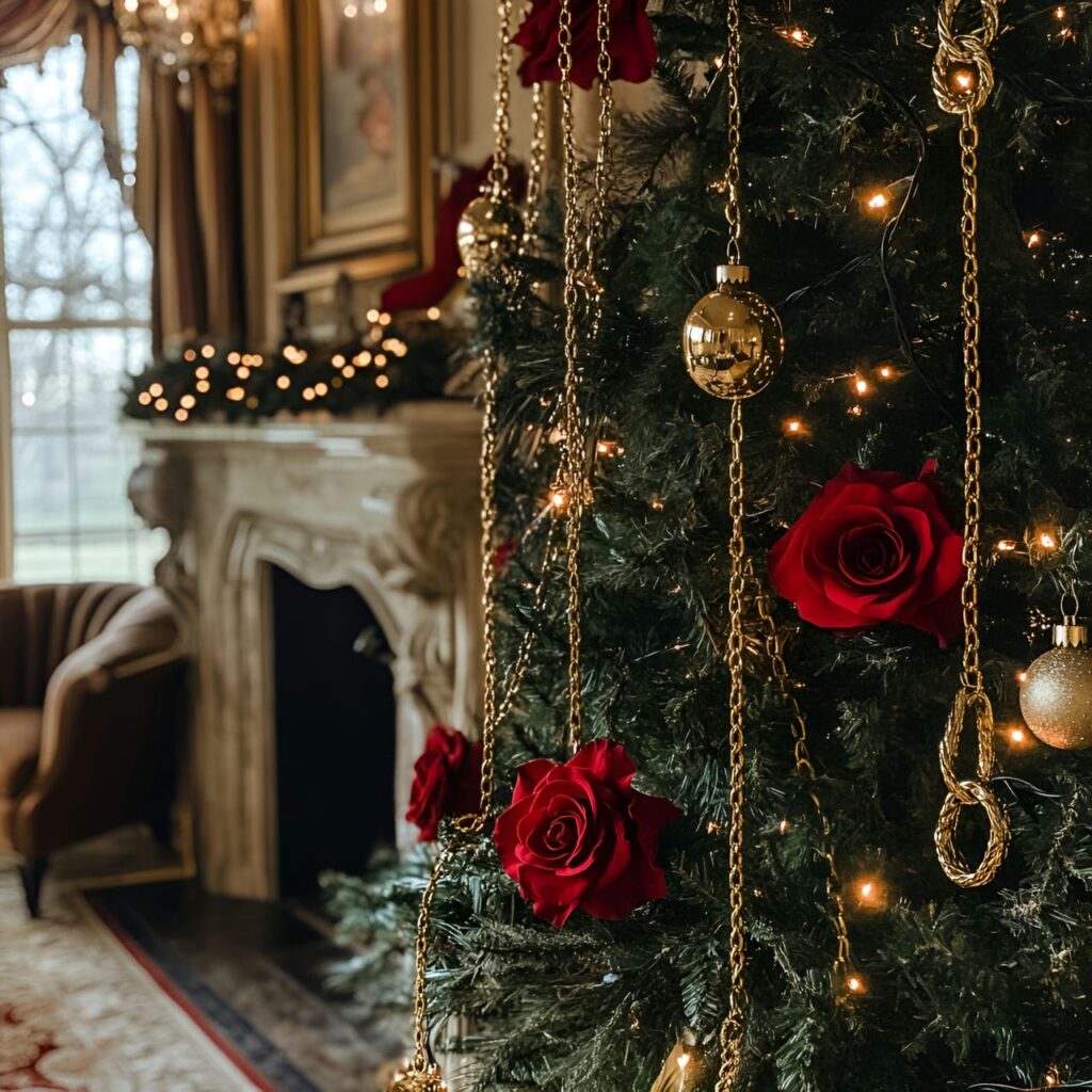 20. Luxurious Rose and Gold Chain Christmas Tree with Red Roses