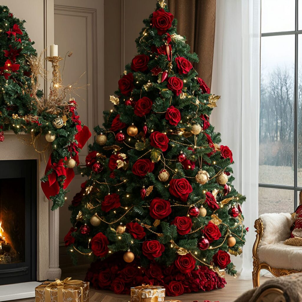 20. Luxurious Rose and Gold Chain Christmas Tree with Red Roses