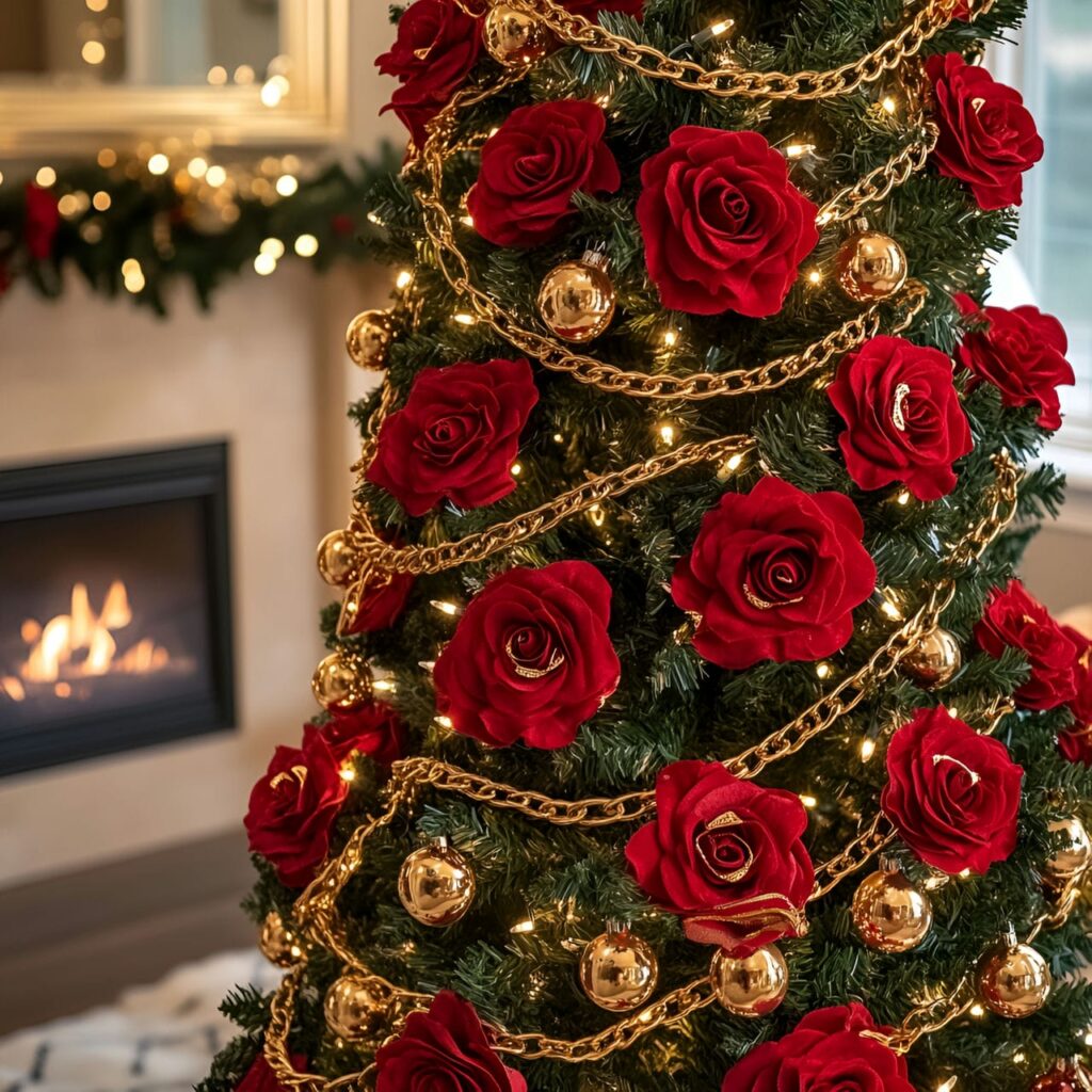 20. Luxurious Rose and Gold Chain Christmas Tree with Red Roses