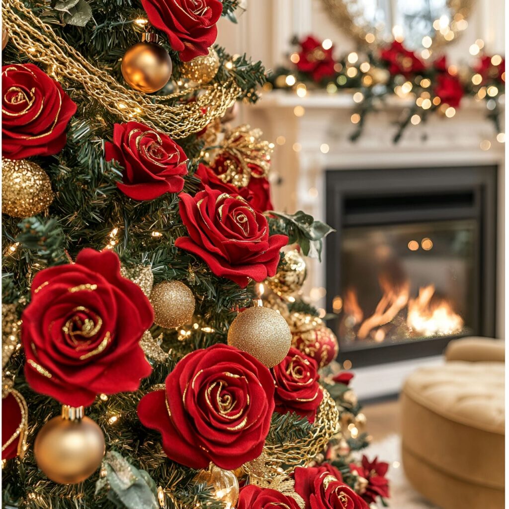 20. Luxurious Rose and Gold Chain Christmas Tree with Red Roses