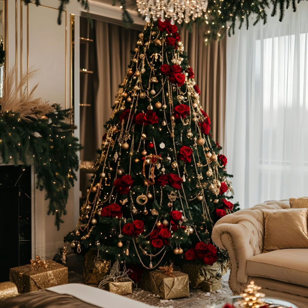 20. Luxurious Rose and Gold Chain Christmas Tree with Red Roses