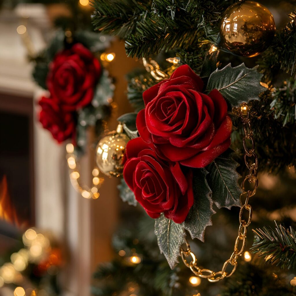 20. Luxurious Rose and Gold Chain Christmas Tree with Red Roses