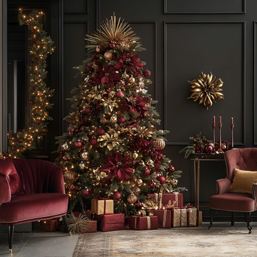 16. Luxurious Velvet & Gold Holiday Tree with Red Velvet Garlands