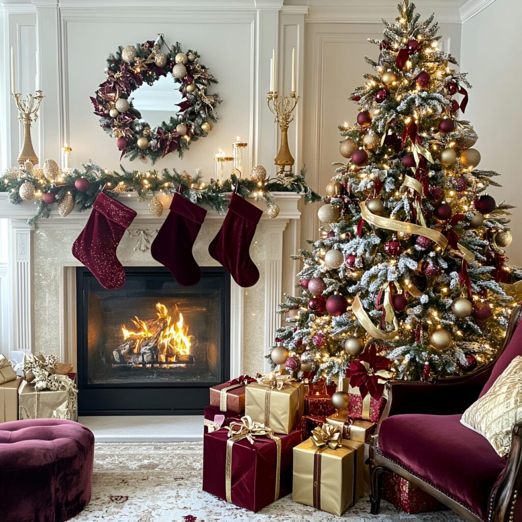 16. Luxurious Velvet & Gold Holiday Tree with Red Velvet Garlands