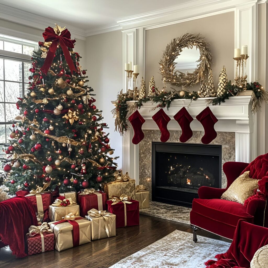 16. Luxurious Velvet & Gold Holiday Tree with Red Velvet Garlands