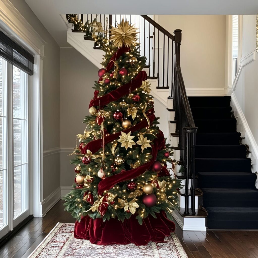 16. Luxurious Velvet & Gold Holiday Tree with Red Velvet Garlands