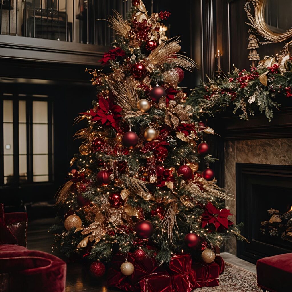 16. Luxurious Velvet & Gold Holiday Tree with Red Velvet Garlands