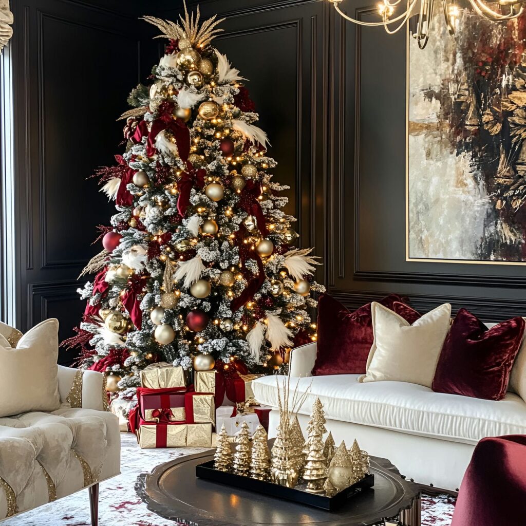 16. Luxurious Velvet & Gold Holiday Tree with Red Velvet Garlands