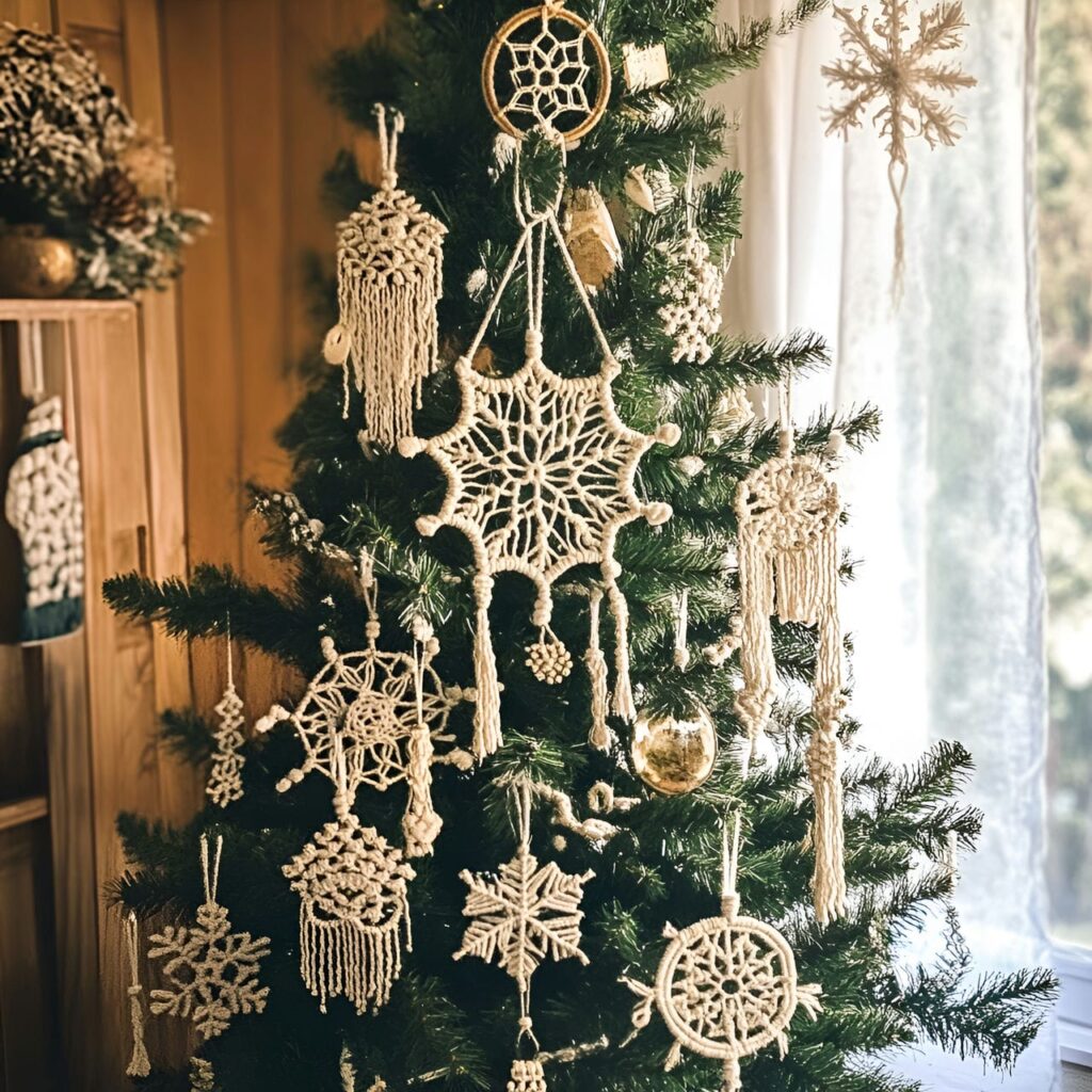 11. Macramé Ornaments Christmas Tree with Bohemian Stars