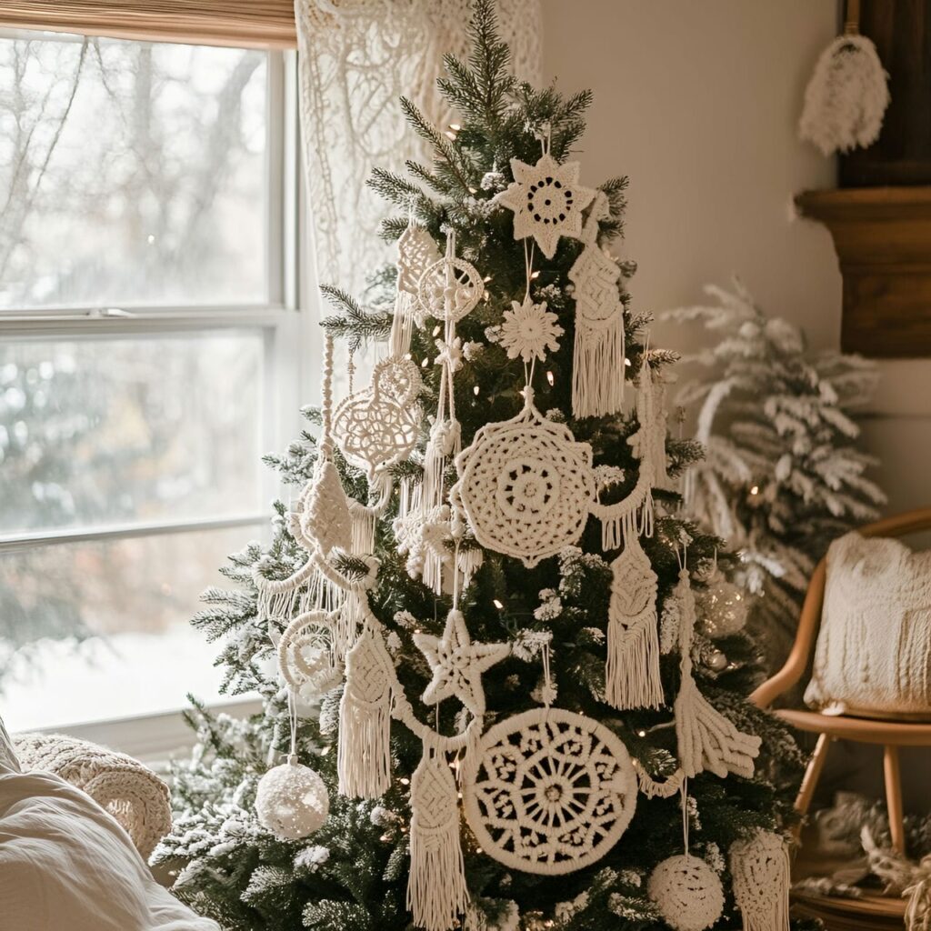 11. Macramé Ornaments Christmas Tree with Bohemian Stars