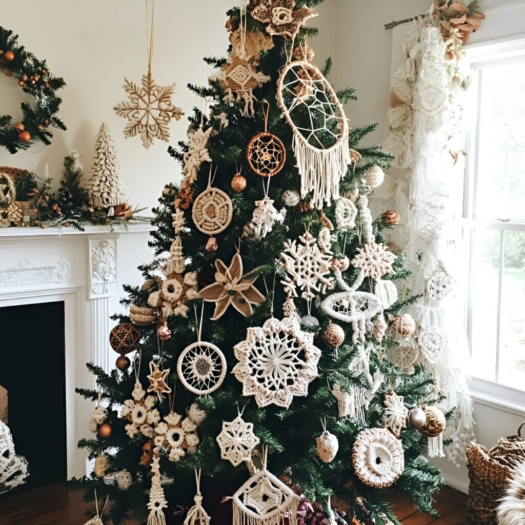 11. Macramé Ornaments Christmas Tree with Bohemian Stars