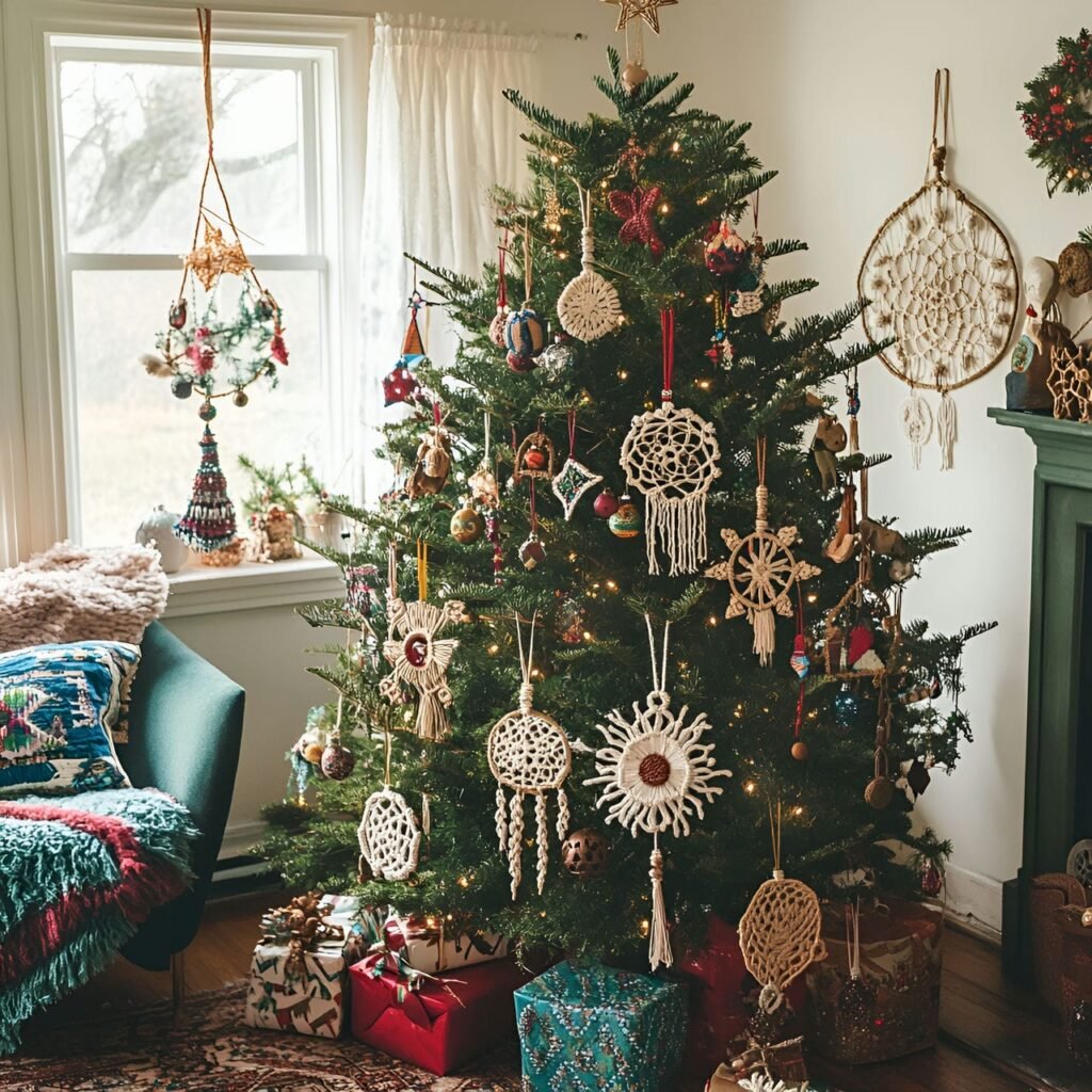 11. Macramé Ornaments Christmas Tree with Bohemian Stars