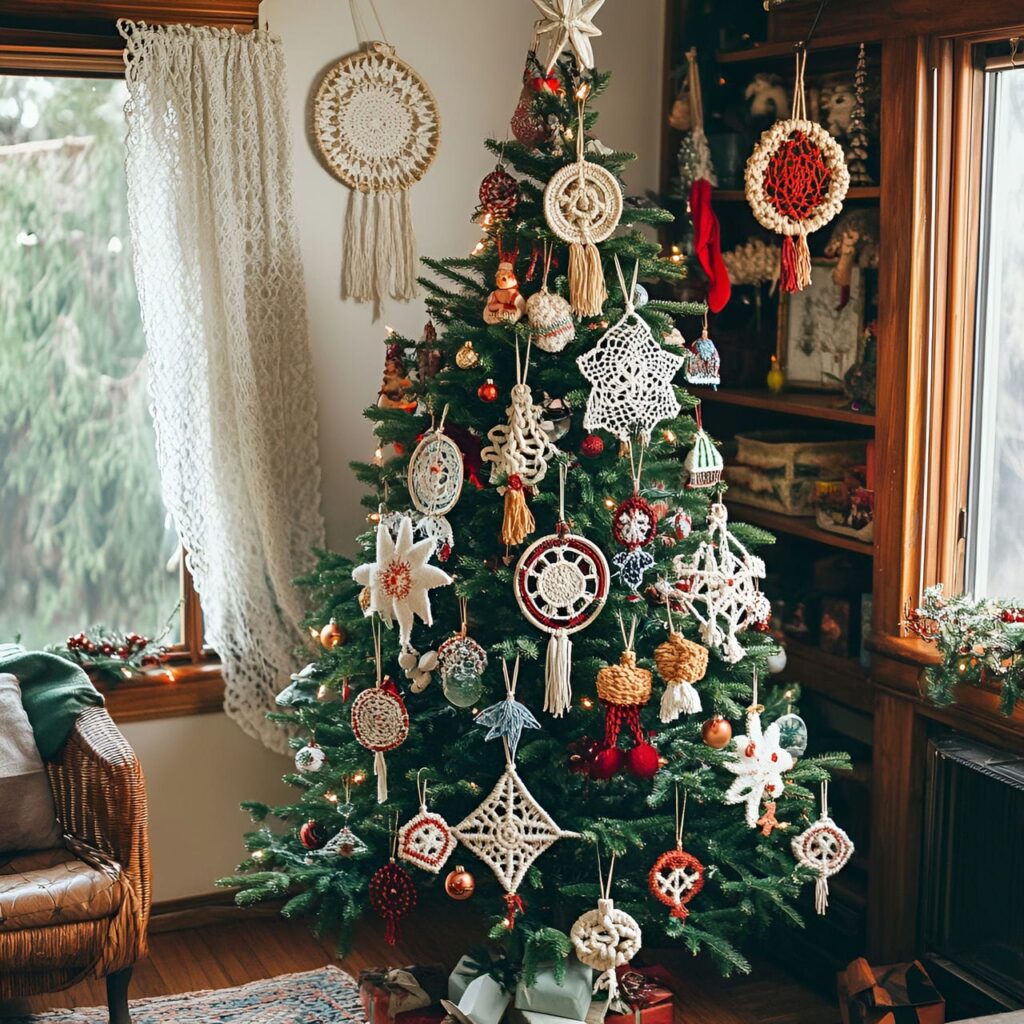 11. Macramé Ornaments Christmas Tree with Bohemian Stars