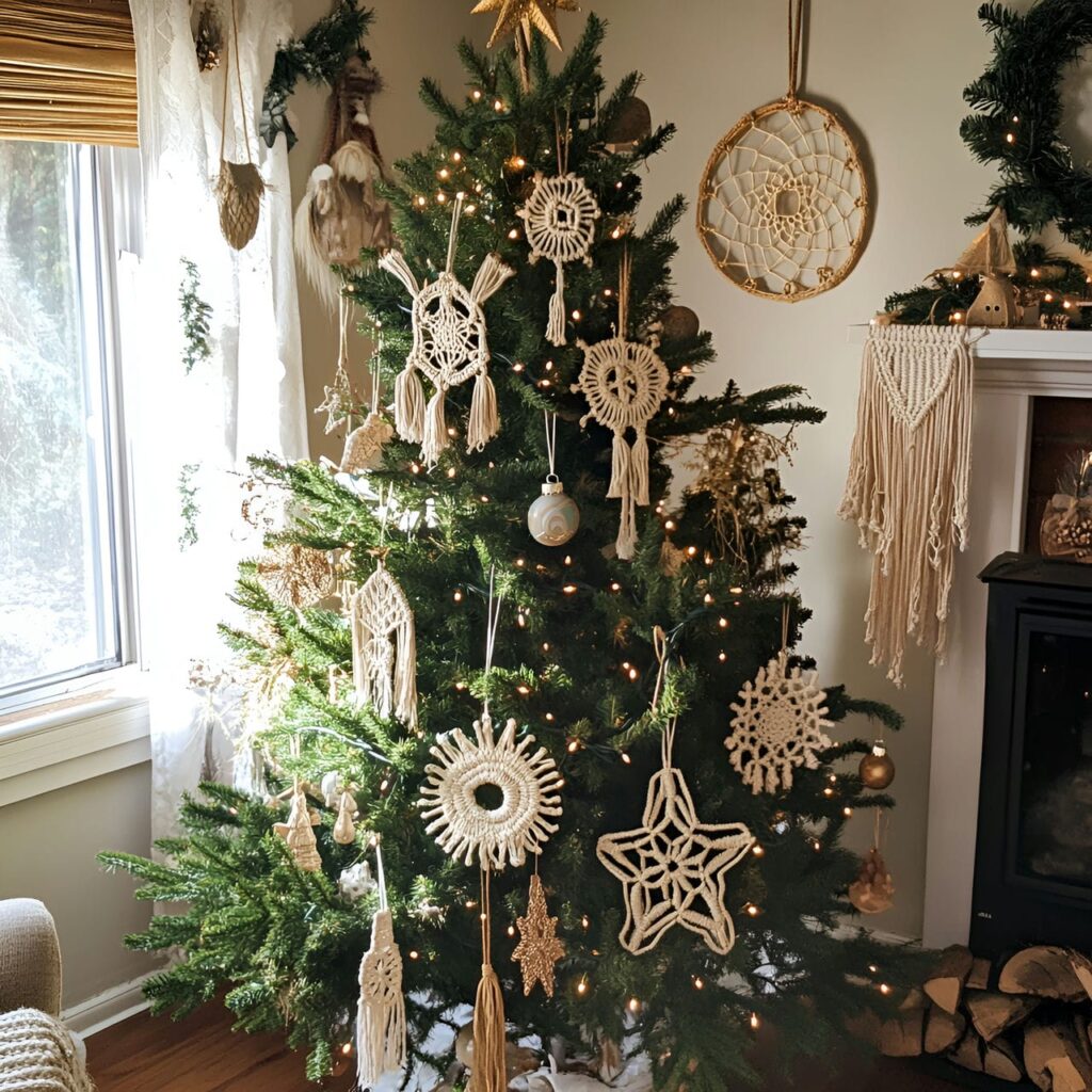 11. Macramé Ornaments Christmas Tree with Bohemian Stars